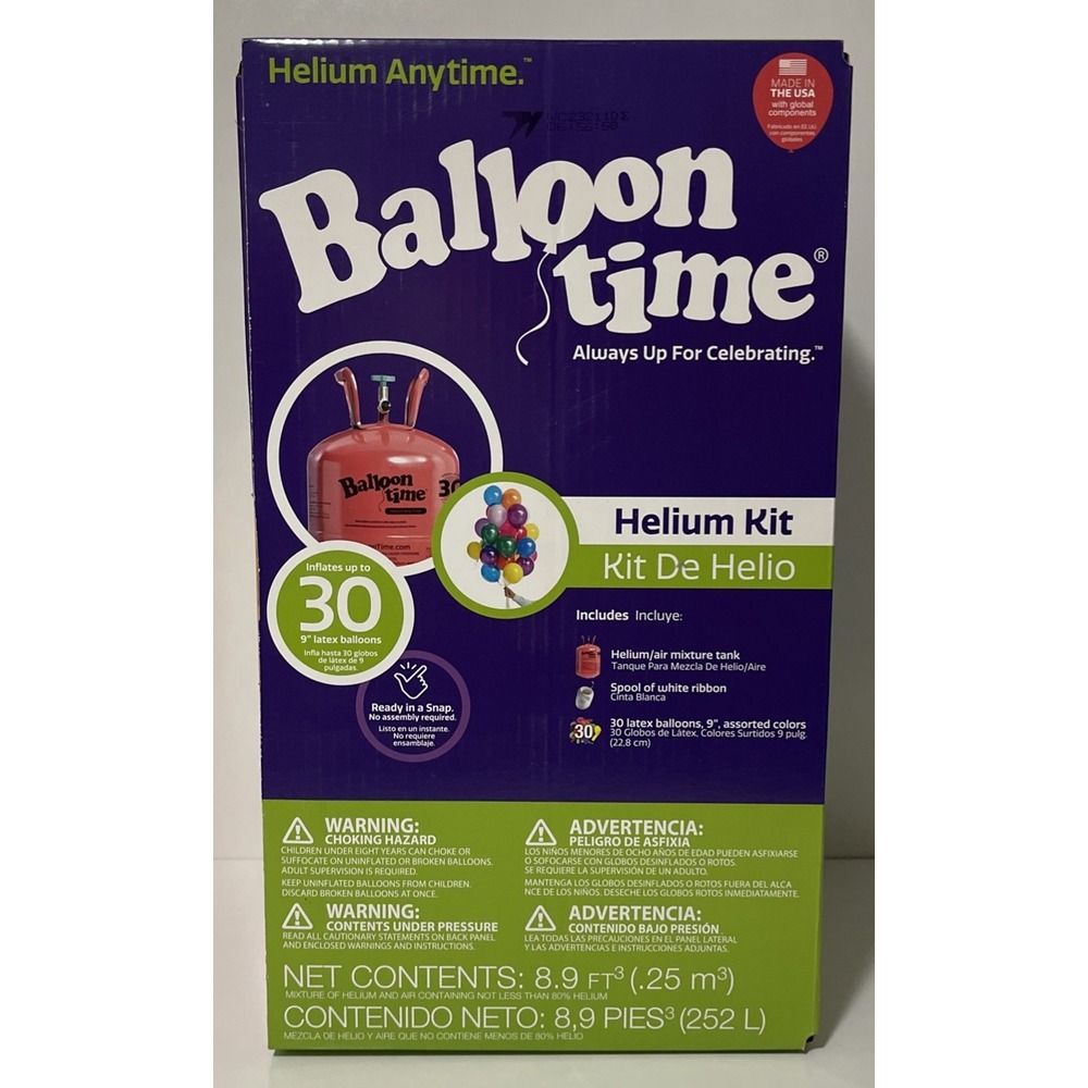 Balloon Time Helium Tank Kit - 30 Balloons Included & Spool Of White Ribbon NEW